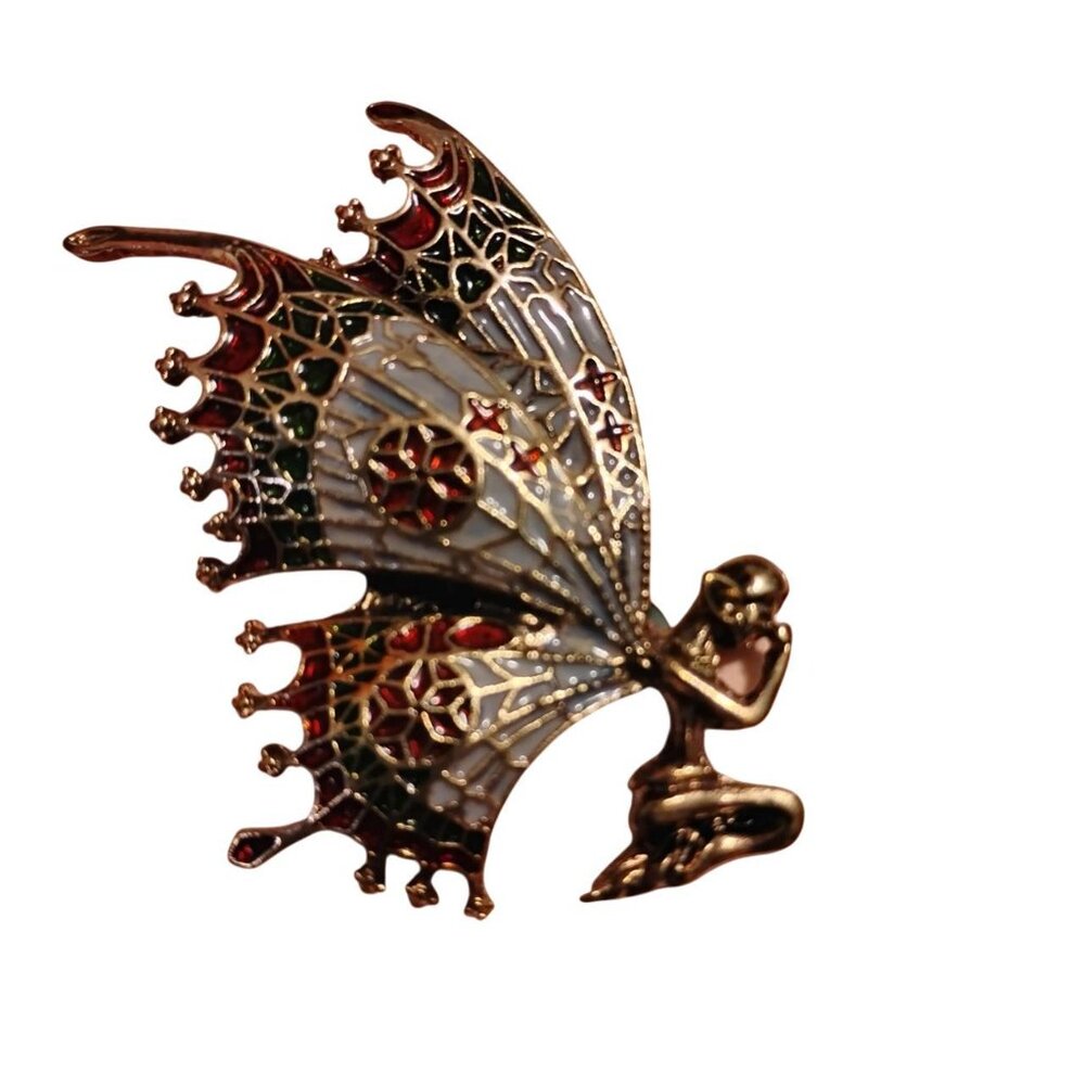 NWOT Gold Fairy Brooch With Blue Wings and Red Accents